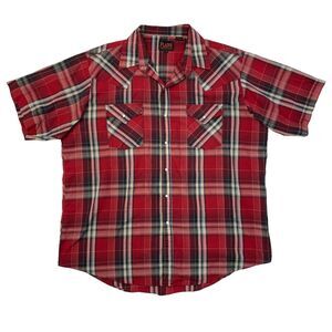 Plains Westernwear Shirt Mens XL Extra Large Red Snap Button Plaid Lightweight